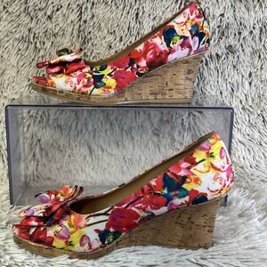 Dexflex Comfort Multicolor Floral Peep Toe Bow Wedge Heel Shoes Size 8.5W